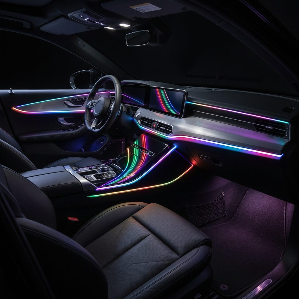 RGB LED car interior strip lights glowing in multiple colors